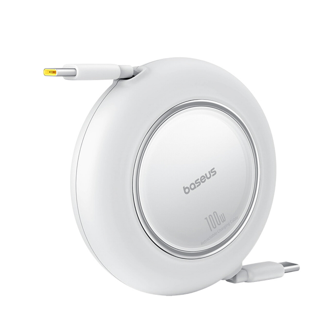 Biały, okrągły zwijany kabel USB z widocznymi końcówkami USB-C. Na obudowie znajduje się napis \'baseus\' oraz \'100W\'.
