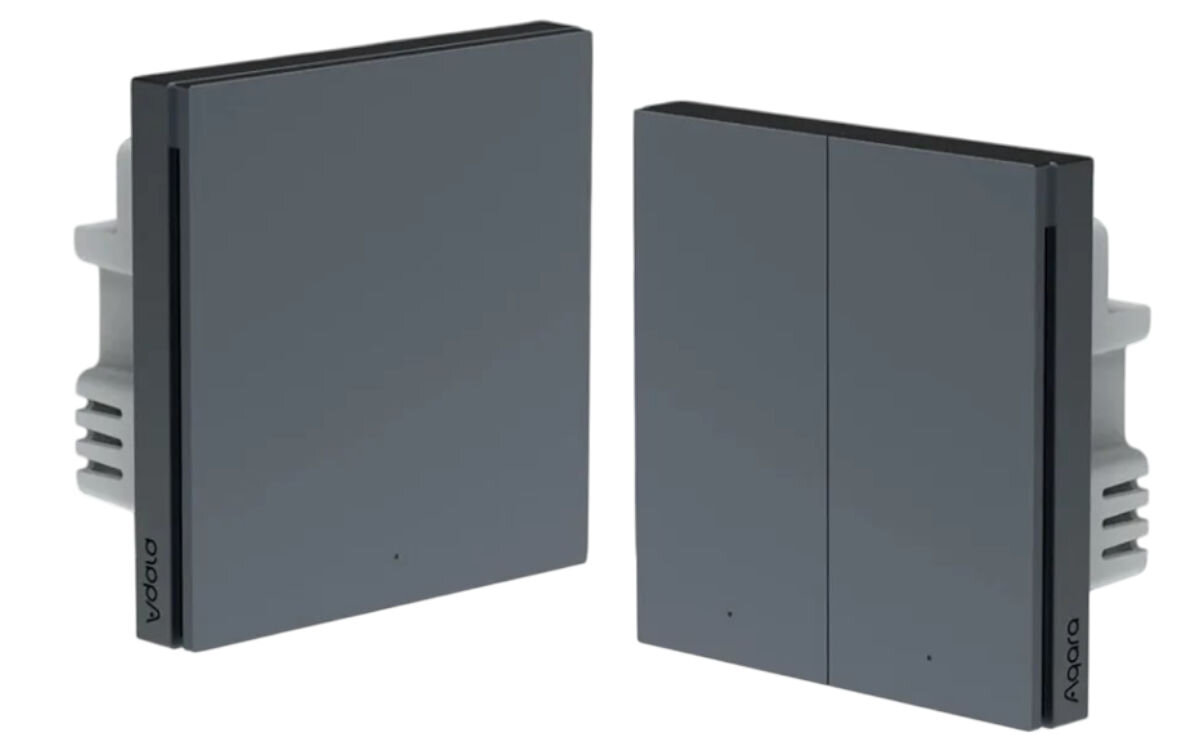 Przełącznik ścienny AQARA WS-EUK04-G, wytrzymałość, puszki, uniwersalność, instalacja, 2 przełączniki stoją pionowo w kierunk do środka frontem, na białym tle