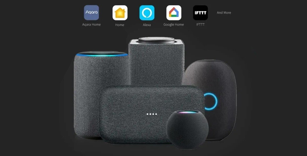 Przełącznik ścienny AQARA WS-EUK04-G, platyformy, aplikacje, scenariusze, Na zdjęciu produkty które współgrają z system przełącznika, na górze zdjęcia logotypy aplikacji