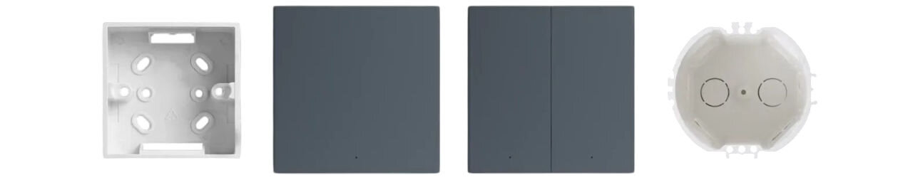 Przełącznik ścienny AQARA WS-EUK04-G, konfiguracja dwukierunkowa, przełączniki, rozbudowa, okablowanie, Zdjęcie przełącznika wraz z puszką ścienną i podkładką samoprzylepną