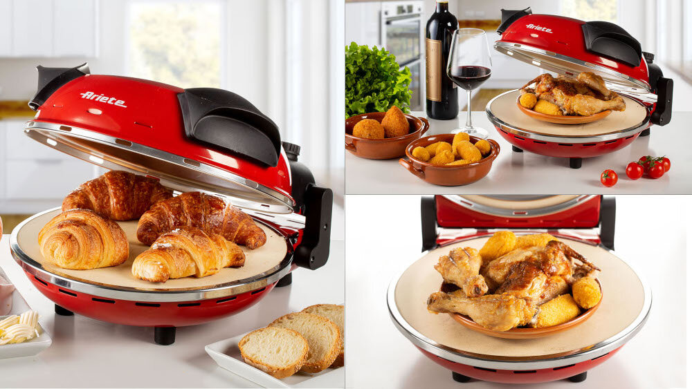 Na obrazach widoczny jest czerwony piec do pizzy z logo \'Ariete\', w którym znajdują się różne potrawy, takie jak croissanty i pieczone mięso z ziemniakami. W tle widoczne są elementy kuchenne, takie jak butelka wina, pomidory i zioła.