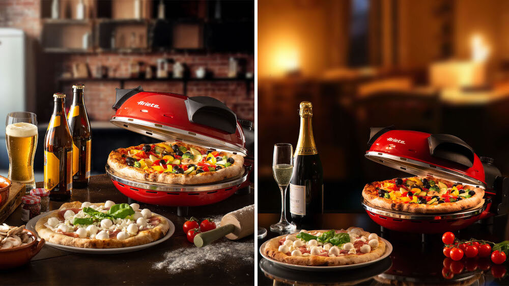Na obrazie widoczny jest czerwony piec do pizzy z logo \'Ariete\', w którym znajduje się pizza z różnymi składnikami. Obok pieca znajdują się butelki z napojami, kieliszki oraz składniki do pizzy, takie jak pomidory i bazylia.