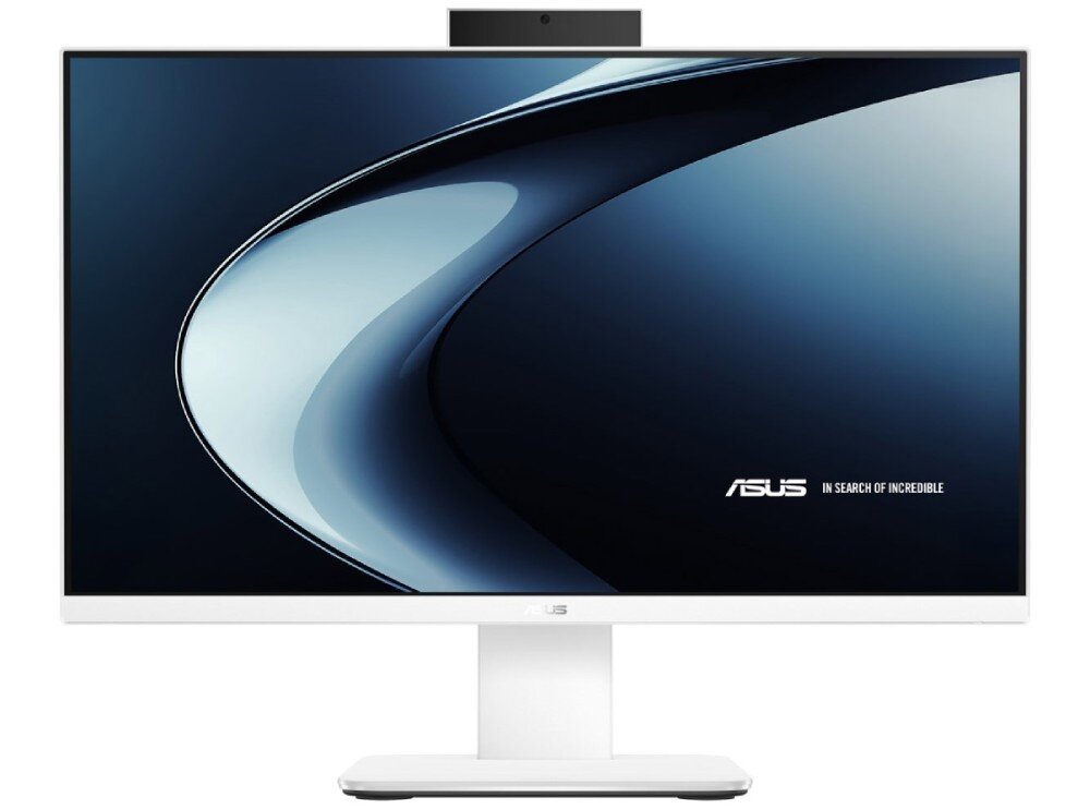 Komputer All in One ASUS ExpertCenter P470VAK-WPE040X Przód białego komputera All in One z dużym ekranem i ciemną tapetą z abstrakcyjnym wzorem i logo ASUS IN SEARCH OF INCREDIBLE na środku, poniżej wysuwanej kamery, ekran, rozdzielczość, przekątna