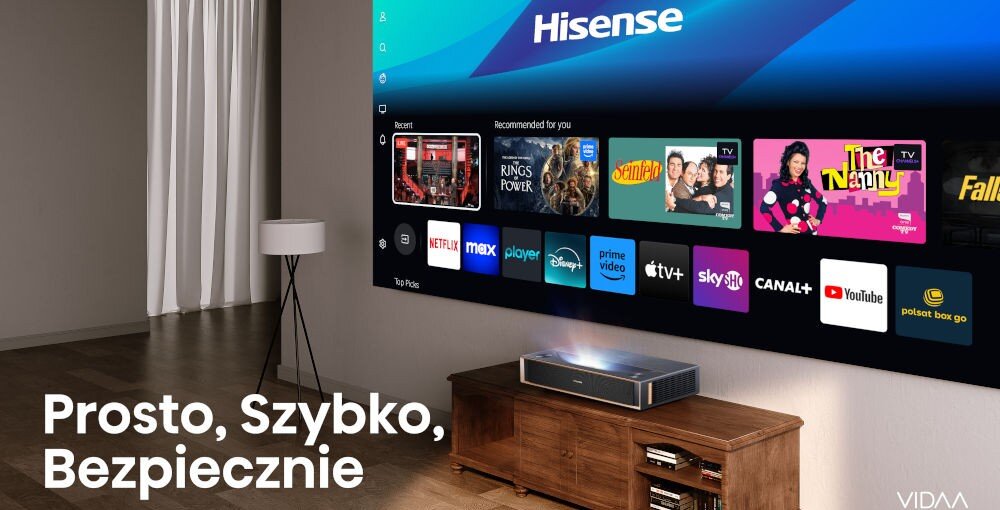 Projektor HISENSE PT1 4K Netflix YouTube Disney plus, projektor stojący na komodzie wyświetlający obraz na ekranie projekcyjnym
