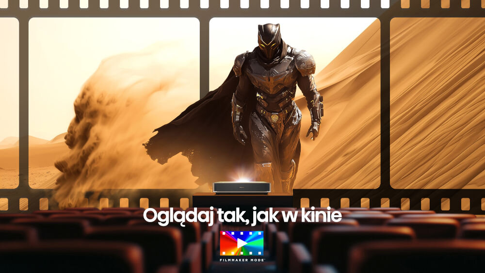 Projektor HISENSE PT1 4K Filmmaker Mode kinowy realizm, projektor stojący na komodzie na sali kinowej