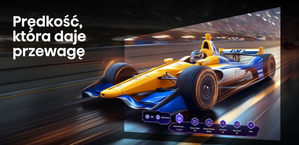 Projektor HISENSE PT1 4K tryb gry 240Hz ALLM, kadr z gry samochodów wyścigowych
