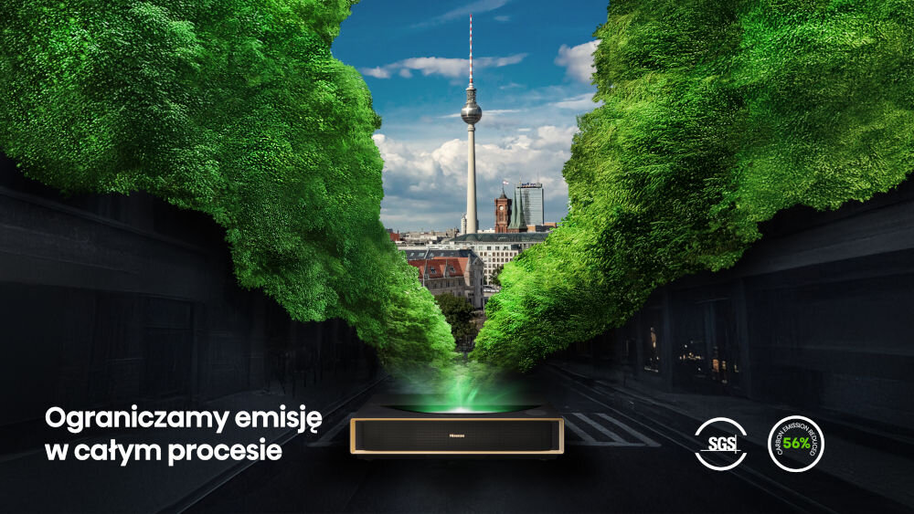 Projektor HISENSE PT1 4K redukcja emisji CO2 certyfikat SGS TUV, krajobraz miasta z zielenią