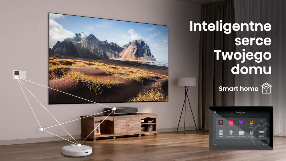 Projektor HISENSE PT1 4K Smart Home Control4, projektor stojący na komodzie pod telewizorem w pomieszczeniu