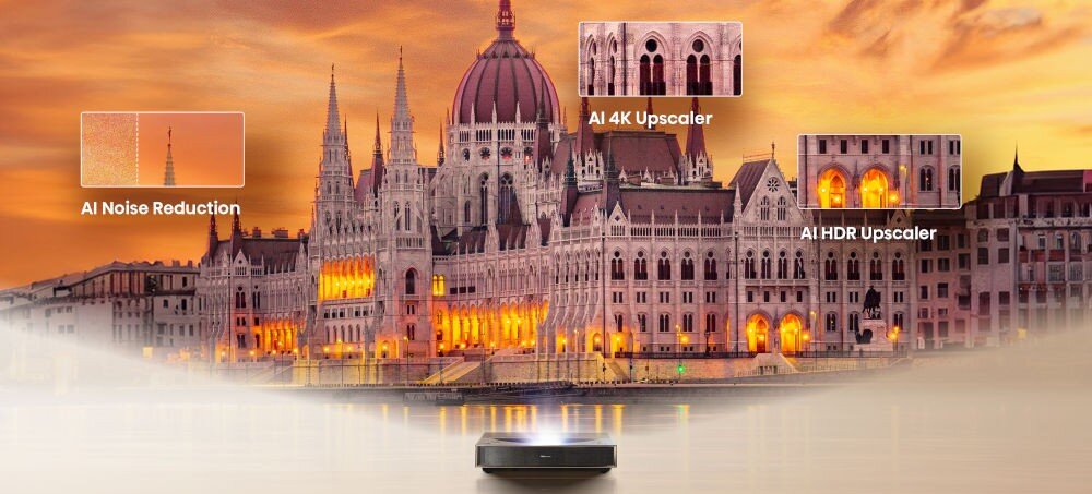 Projektor HISENSE PT1 4K technologia DLP AI 4K Clarity, obraz miasta z róznymi trybami funki poprawy obrazu