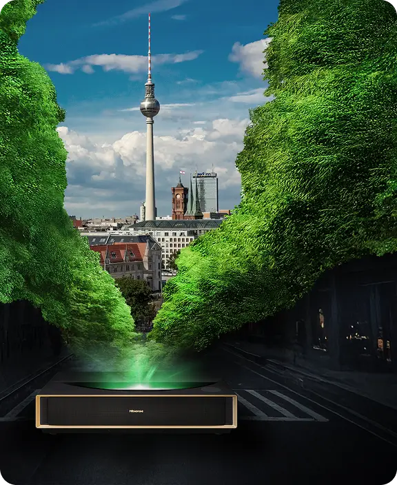 Projektor wyświetlający wieżę telewizyjną w Berlinie otoczoną kępami mchu, symbolizującymi ekologię.