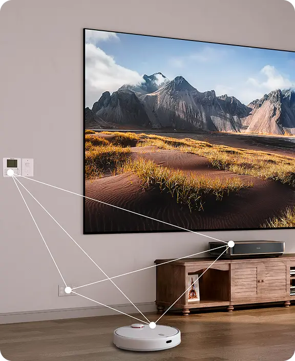 Projektor, robot sprzątający i panel ścienny połączone liniami. W rogu ekran sterowania smart home z ikoną Netflix.