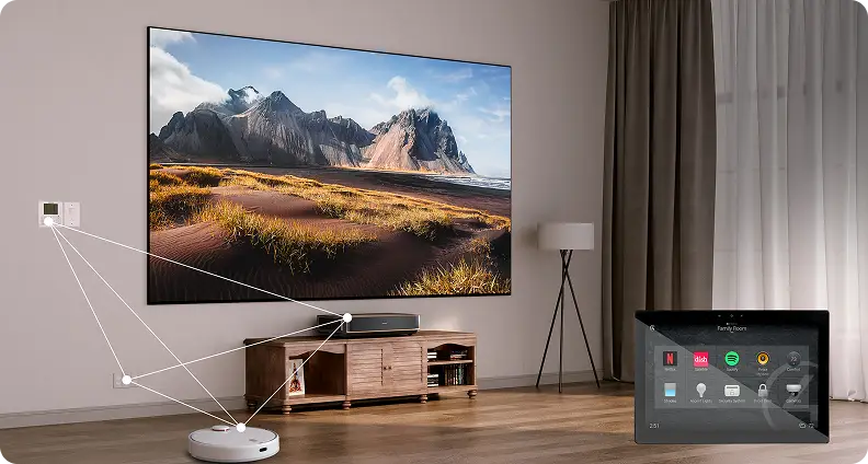 Projektor, robot sprzątający i panel ścienny połączone liniami. W rogu ekran sterowania smart home z ikoną Netflix.