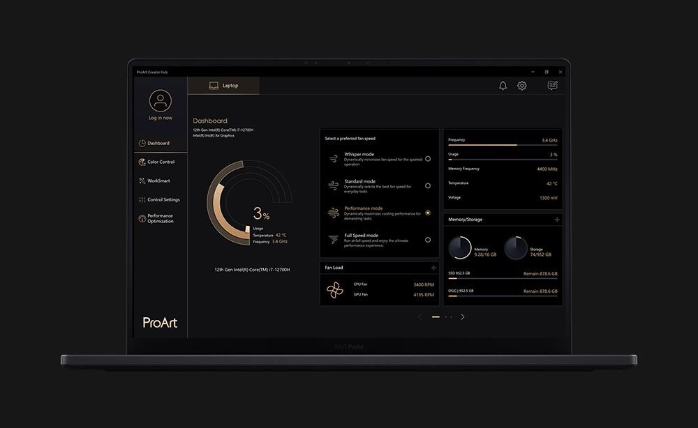  Laptop ASUS ProArt P16 z otwartą aplikacją ProArt Creator Hub wyświetlającą dashboard z kontrolą wydajności, temperaturą procesora i ustawieniami systemu - ProArt Creator Hub 