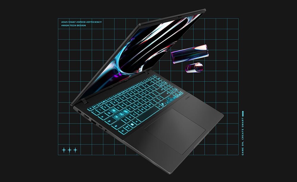 ASUS V16 V3607 w kolorze Matte Black z otwartą klawiaturą podświetleniem RGB i widocznymi portami na schemacie technicznym na czarnym tle - Matte Black Faktura zwiększa pewność chwytu MIL-STD-810H 