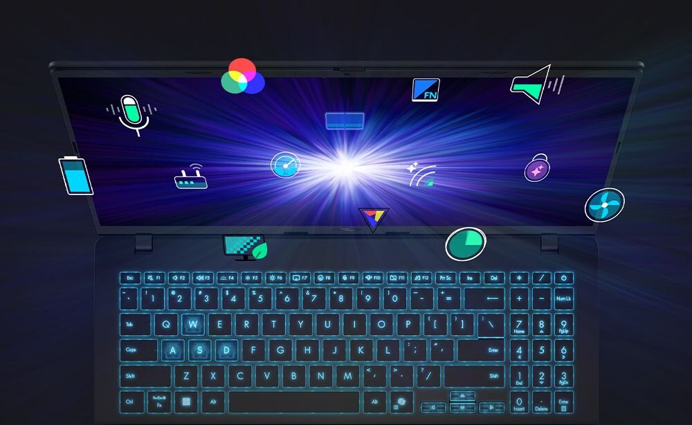 Laptop ASUS z niebieską podświetlaną klawiaturą i ekranem pełnym ikon aplikacji MyASUS na ciemnym tle z efektami świetlnymi - Aplikacja MyASUS 