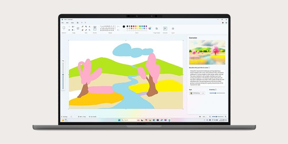 ASUS ZenBook z aplikacją Cocreator otwartą w systemie Windows, prezentującą kolorowy krajobraz z drzewami, rzeką i wzgórzami narysowany w stylu dziecięcym z panelem narzędzi do rysowania - Cocreator edycja obrazów wspomagane AI 