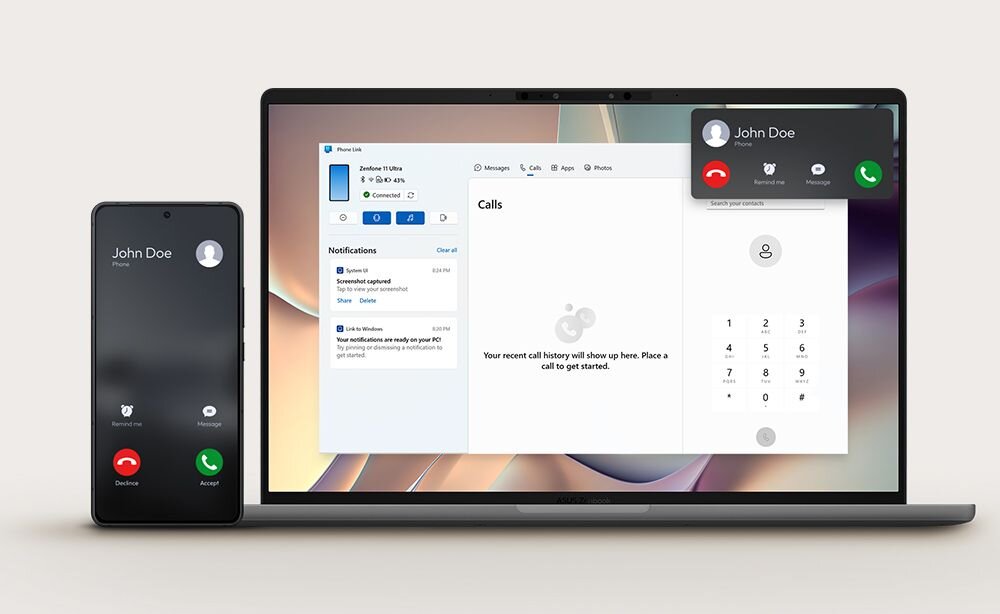 Laptop ASUS ZenBook i smartfon prezentujące funkcję Windows Phone Link z synchronizacją połączeń telefonicznych, powiadomień i klawiatury numerycznej między urządzeniami - Windows Phone Link i Snapdragon Seamless