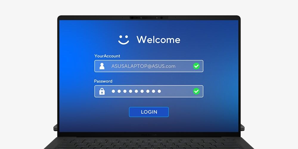 Ekran logowania Windows Hello na laptopie ASUS ZenBook z polami konta użytkownika i hasłem oraz przyciskiem LOGIN na niebieskim tle - Testy MIL-STD 810H   