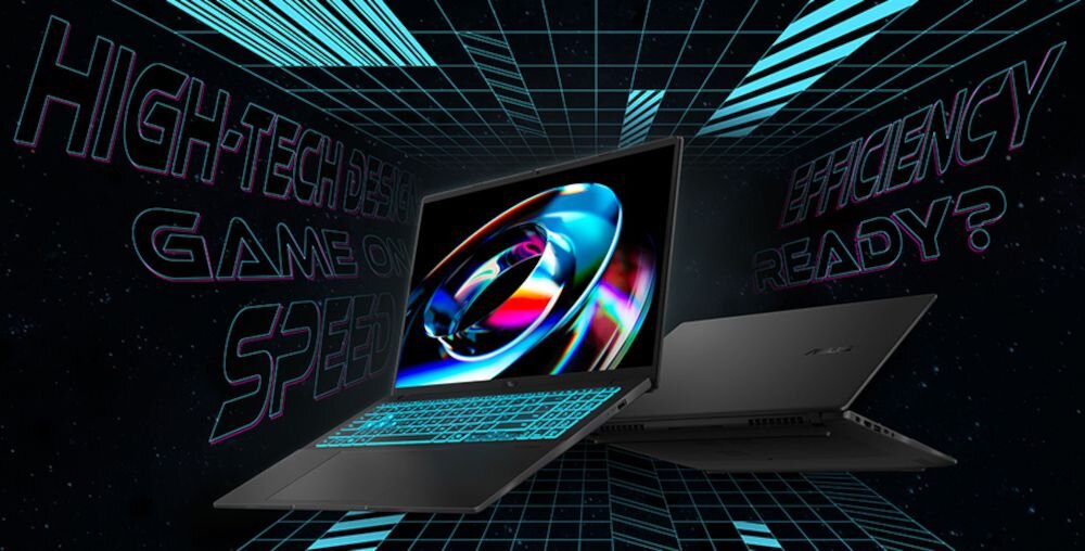 Laptop gamingowy ASUS V16 z kolorową grafiką rakiety na ekranie i podświetlaną klawiaturą Turbo Blue na czarnym tle z napisami High-tech design Game on Speed Efficiency