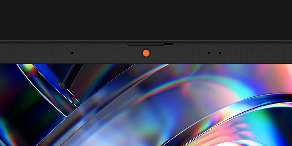 Górna ramka laptopa z pomarańczową diodą LED zasłoną prywatności kamery i kolorowym abstrakcyjnym tłem ekranu - Zasłona kamery internetowej  