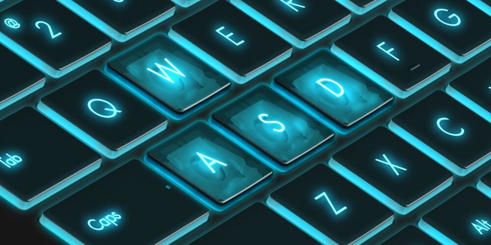 Zbliżenie klawiatury laptopa ASUS V16 z niebieskim podświetleniem Turbo Blue klawiszy WASD Caps i logo ASUS - Podświetlenie Turbo Blue   