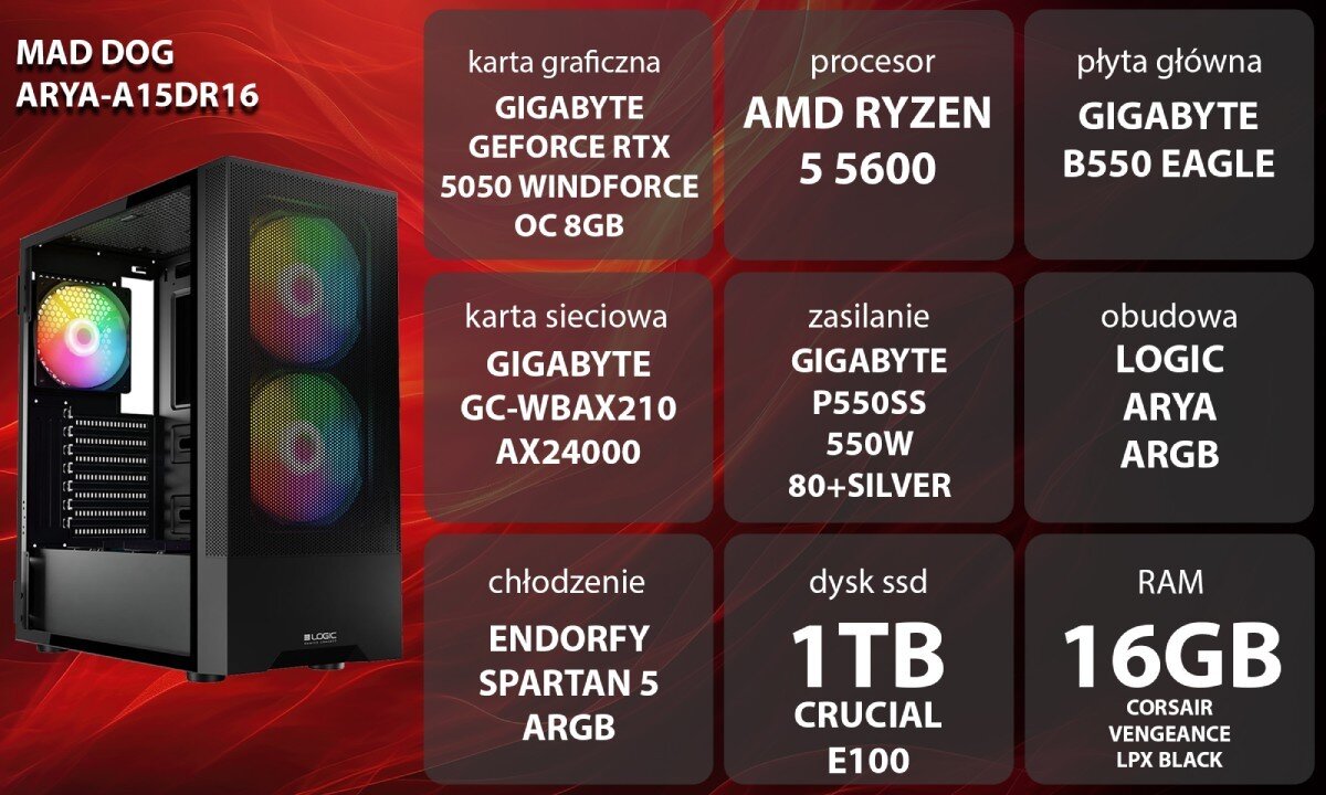 Komputer MAD DOG ARYA-A15DR16 Grafika przedstawiająca specyfikację komputera, z podziałem na podzespoły. W lewej części znajduje się model komputera, a obok niego informacje o podzespołach, opis