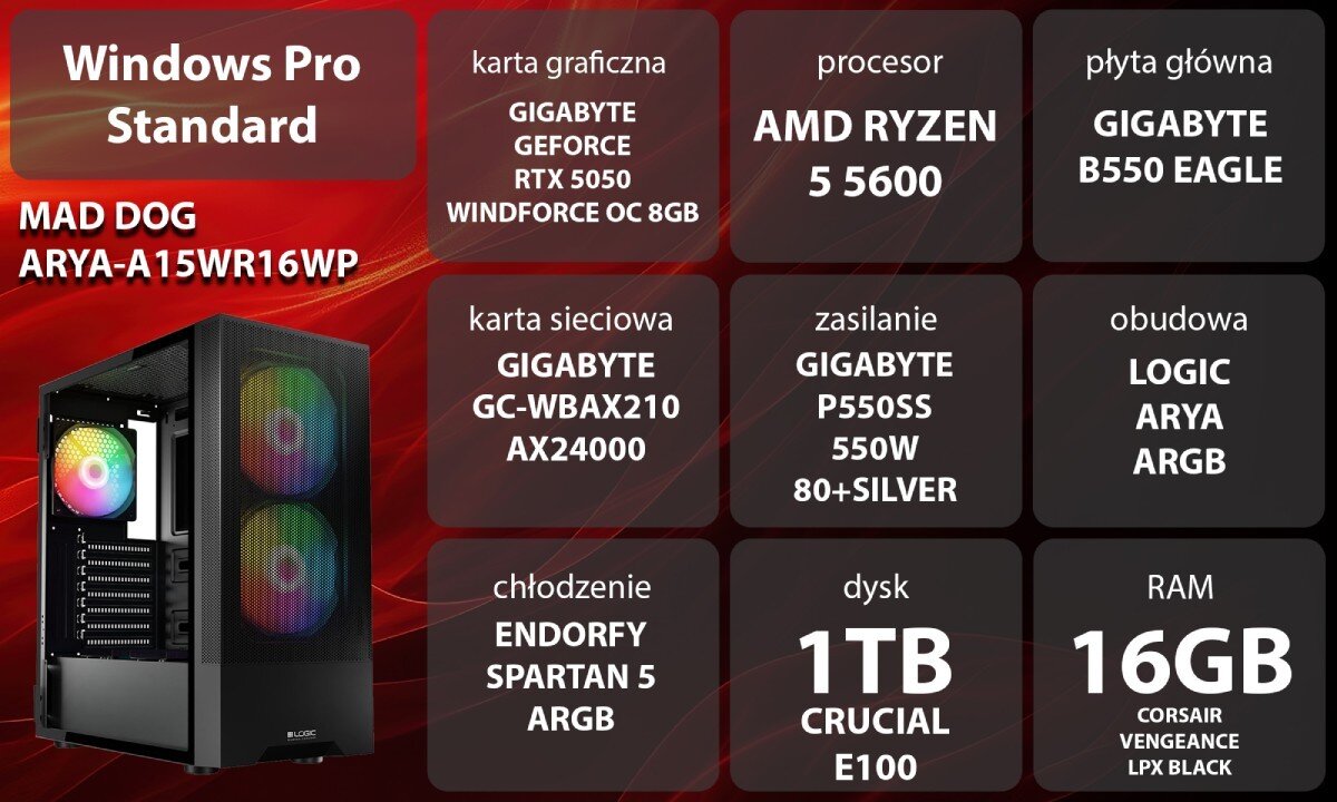 Komputer MAD DOG ARYA-A15WR16WP Grafika przedstawiająca specyfikację komputera, z podziałem na podzespoły. W lewej części znajduje się model komputera, a obok niego informacje o podzespołach, opis