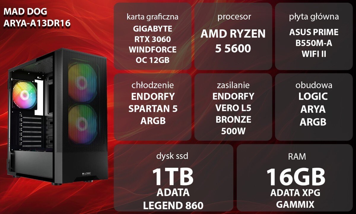 Komputer MAD DOG ARYA-A13DR16 Grafika przedstawiająca specyfikację komputera, z podziałem na podzespoły. W lewej części znajduje się model komputera, a obok niego informacje o podzespołach, opis
