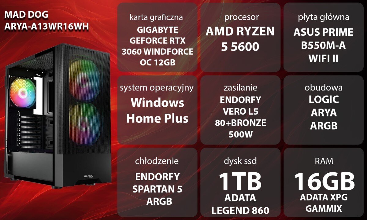 Komputer MAD DOG ARYA-A13WR16WH Grafika przedstawiająca specyfikację komputera, z podziałem na podzespoły. W lewej części znajduje się model komputera, a obok niego informacje o podzespołach, opis