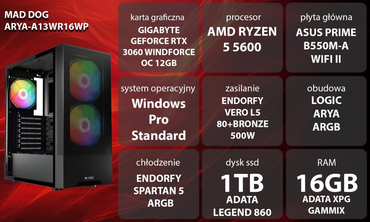 Komputer MAD DOG ARYA-A13WR16WP Grafika przedstawiająca specyfikację komputera, z podziałem na podzespoły. W lewej części znajduje się model komputera, a obok niego informacje o podzespołach, opis