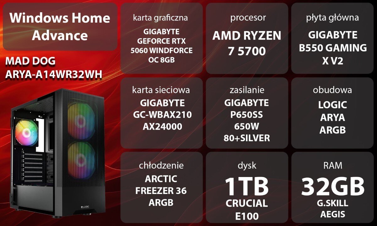Komputer MAD DOG ARYA-A14WR32WH Grafika przedstawiająca specyfikację komputera, z podziałem na podzespoły. W lewej części znajduje się model komputera, a obok niego informacje o podzespołach, opis
