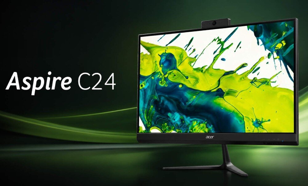 Komputer All in One ACER Aspire C24-2YE13U5UNL Komputer typu All-in-One z dużym ekranem na smukłej czarnej podstawce ustawiony na ciemnym tle z zielonymi falami światła, na wyświetlaczu widoczna abstrakcyjna grafika w kolorze zielonym i niebieskim oraz biały napis 'Aspire C24', opis