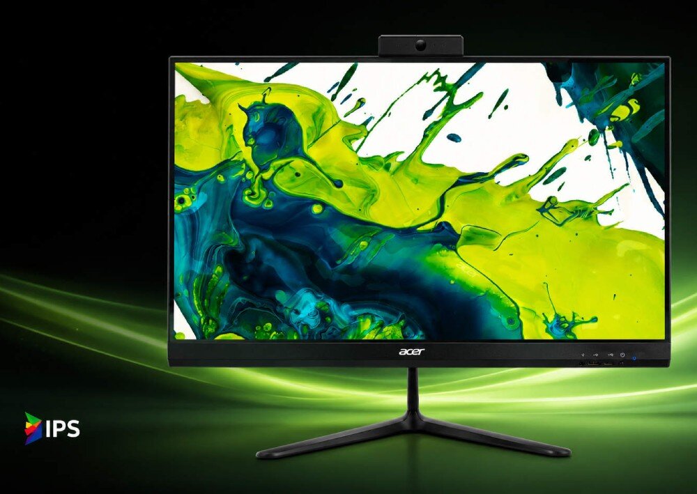 Komputer All in One ACER Aspire C24-2YE13U5UNL Frontowy widok na komputer zintegrowany w obudowie monitora z matrycą IPS, urządzenie stoi na trójnożnej czarnej stopie, w lewym dolnym rogu grafiki widnieje kolorowy logotyp 'IPS', wyświetlacz, matryca, odświeżanie