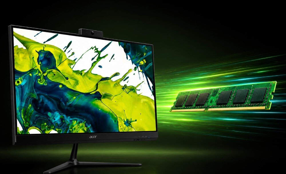 Komputer All in One ACER Aspire C24-2YE13U5UNL Komputer stacjonarny z boku którego wysuwa się zielona kość pamięci RAM na tle dynamicznych smug światła, co sugeruje prędkość działania podzespołów, pamięć RAM, rozbudowa