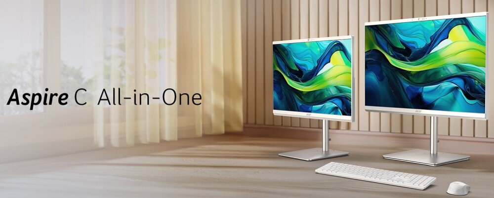 Komputer ACER Aspire C24-195ES Dwa komputery ustawione na drewnianym blacie z widocznym napisem 'Aspire C All-in-One'