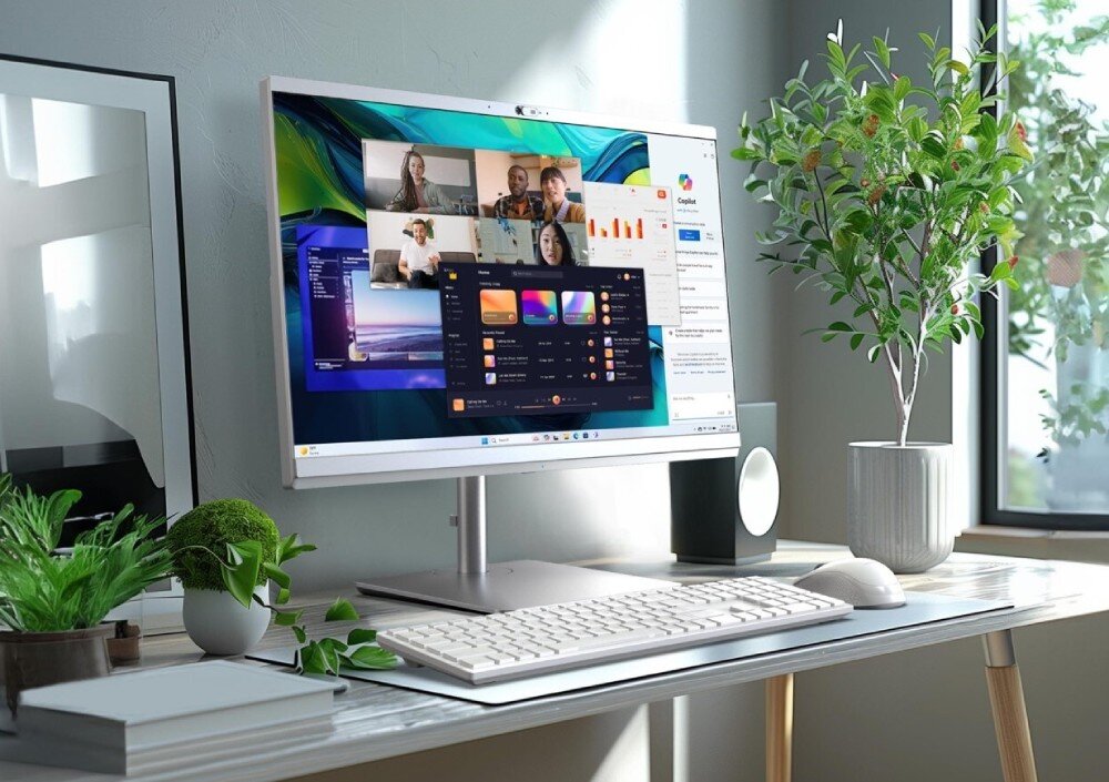 Komputer ACER Aspire C24-195ES Komputer na biurku w jasnym pomieszczeniu z roślinami i otwartymi aplikacjami na ekranie