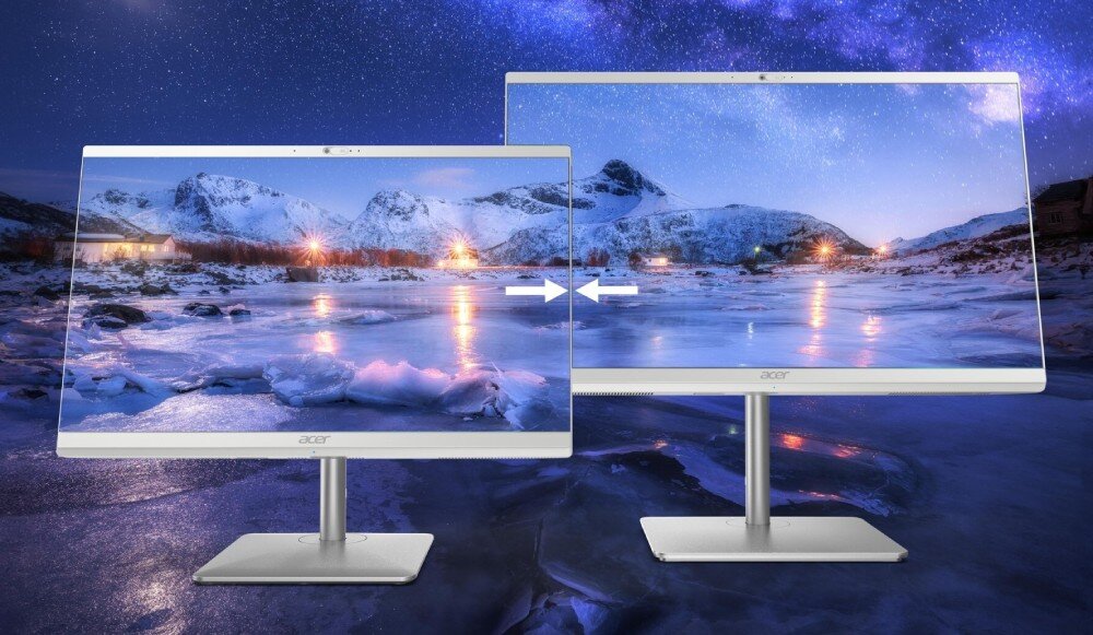Komputer ACER Aspire C24-195ES Porównanie dwóch ekranów na tle górskiego krajobrazu ukazujące różnicę w grubości ramek