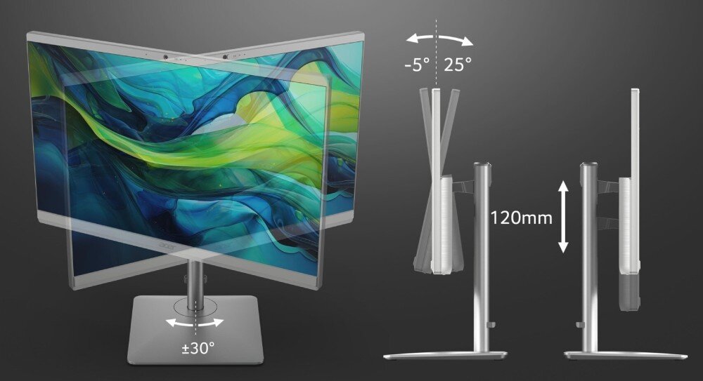 Komputer ACER Aspire C24-195ES Schemat przedstawiający zakres regulacji wysokości oraz kąta nachylenia i obrotu ekranu