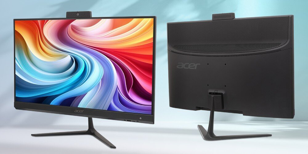 Komputer ACER Aspire C27-2E13U7UNL Widok z przodu i z tyłu komputera typu all-in-one ustawionego na biurku, z dużym ekranem i cienką ramką oraz kamerą na górze obudowy, opis