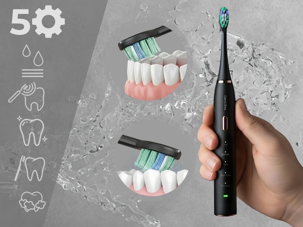 Szczoteczka soniczna ALPHA DentiPro STB-04 Czarny tryb pielęgnacji, wpiera ukrwienie dziąseł, zmniejsza dyskomfort