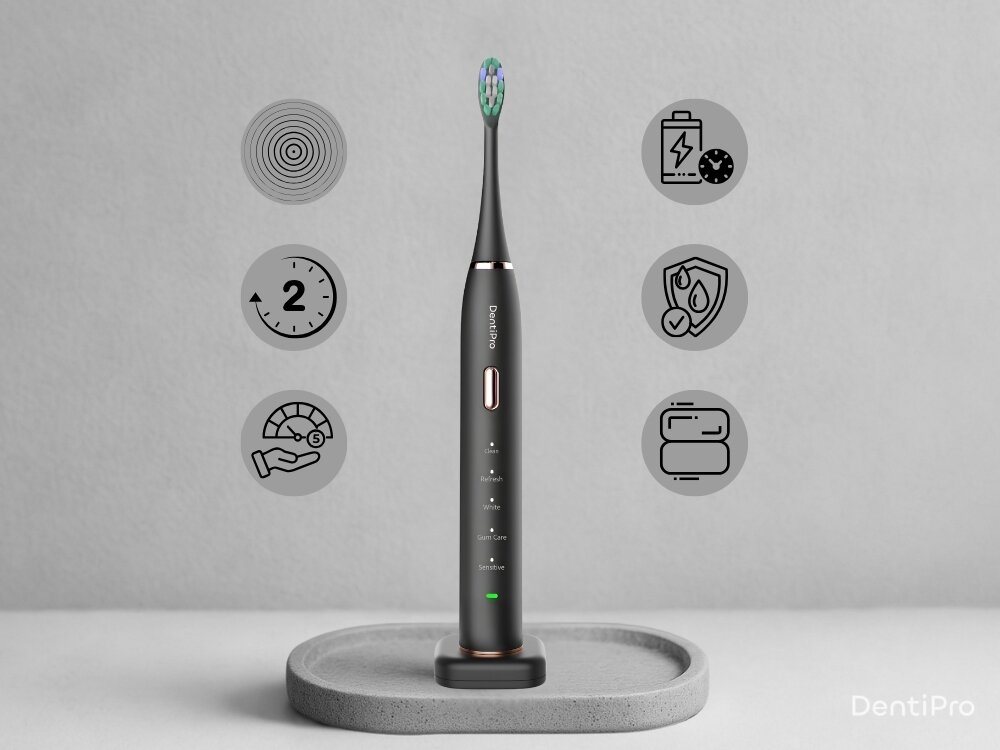 Szczoteczka soniczna ALPHA DentiPro STB-04 Czarny wodoodporna konstrukcja, bezpieczne użytkowanie, mniejsze ryzyko uszkodzeń