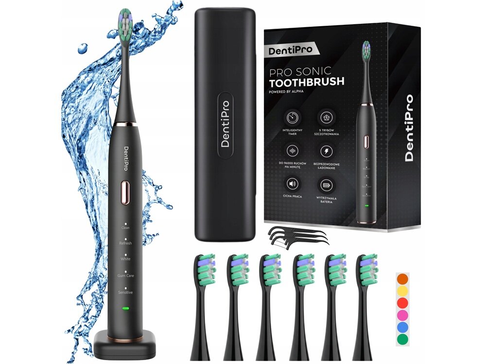 Szczoteczka soniczna ALPHA DentiPro STB-04 Czarny 6 wymiennych końcówek, etui podróżne, stacja indukcyjna, bogaty zestaw