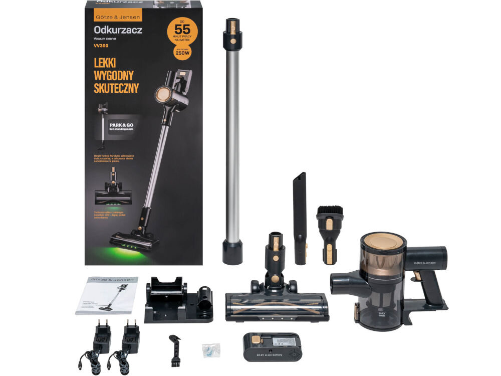 Na obrazie widoczny jest odkurzacz GOTZE & JENSEN VV300 wraz z akcesoriami oraz opakowaniem. Na opakowaniu znajduje się tekst: \'LEKKI WYGODNY SKUTECZNY\'.