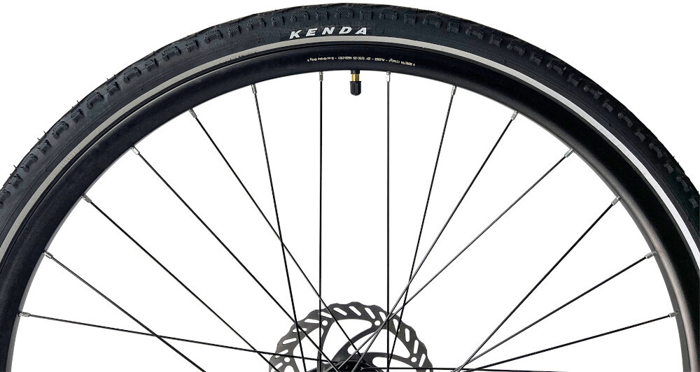 Rower crossowy INDIANA X-Cross 2.0 D15 damski Czarno-różowy Rozmiar zbliżenie na oponę widok z boku koła 28 cali szybkie osiągnięcie docelowej prędkości jazdy łatwiej jest pokonać różne przeszkody dość wąskie opony marki KENDA dwuściankowe obręcze marki BERETTA zachowanie regularnego kształtu kół stabilne trzymanie opony bezpieczna i komfortowa jazda regularne sprawdzanie ciśnienia powietrza wartość na bocznej części opony