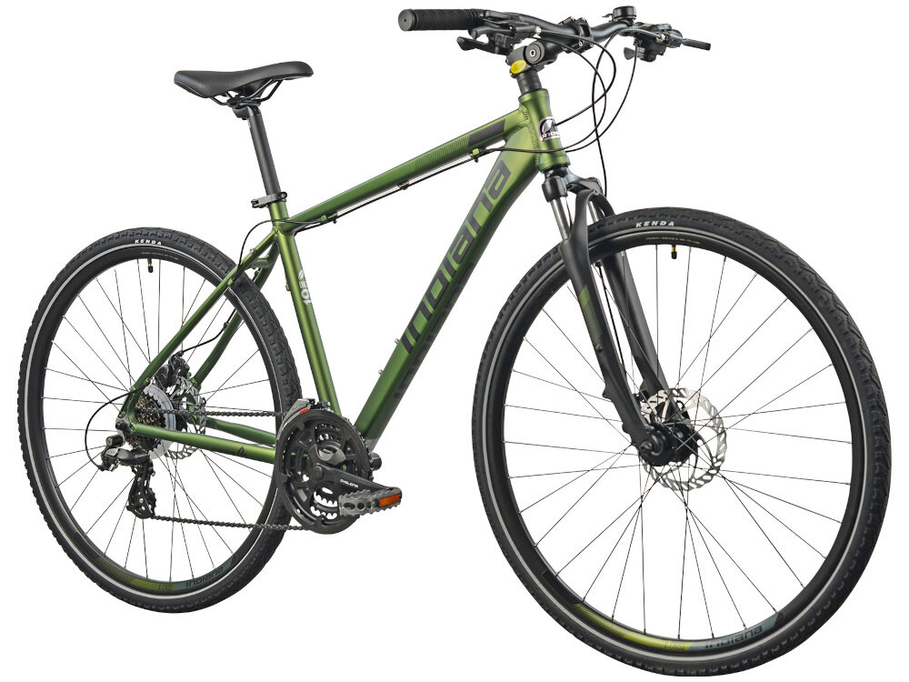 Rower crossowy INDIANA X-Cross 2.0 M19 męski Zielono-czarny Rower crossowy rower na białym tle widoczny od przodu pod skosem uniwersalny pojazd jednośladowy z siodełkiem umieszczonym nieco niżej niż kierownica wygodna wyprostowana pozycja łatwo kontroluje się bieżącą sytuację kierownica i siodełko są regulowane