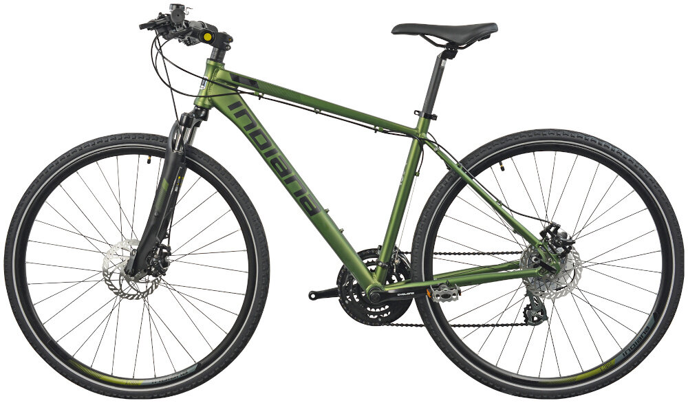 Rower crossowy INDIANA X-Cross 2.0 M19 męski Zielono-czarny rower na białym tle widoczny z boku komfort jazdy odpowiednia kontrola nad rowerem 19-calowa aluminiowa rama rower jest bardzo zwinny lekki łatwo podnieść go odporność na korozję wybór rozmiaru ramy Twój wzrost mierzony w zrelaksowanej pozycji typ roweru dla osób o wzroście od 174 do 180 cm