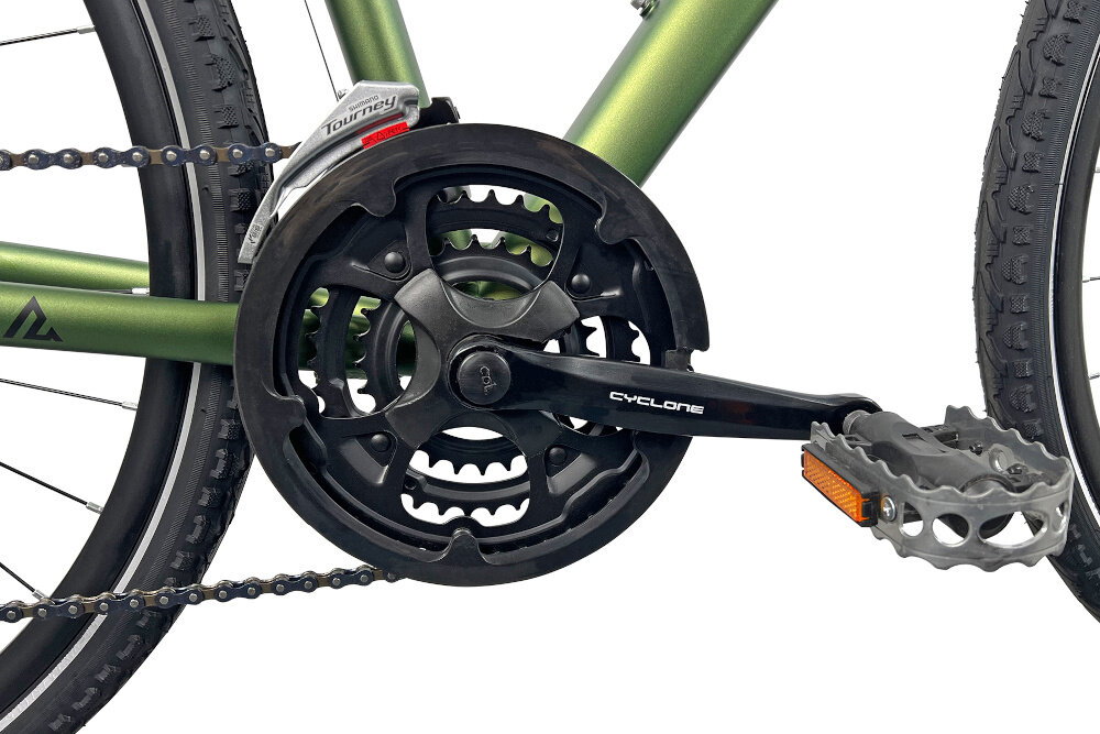 Rower crossowy INDIANA X-Cross 2.0 M19 męski Zielono-czarny zbliżenie na amortyzator widok z boku rower typu hardtail przedni amortyzator marki ZOOM typu CH-141 700C skutecznie tłumi drgania i wstrząsy płynna i stabilna jazda amortyzator poprawia przyczepność kół kontrola nad rowerem wyższy poziom bezpieczeństwa i komfortu jazdy