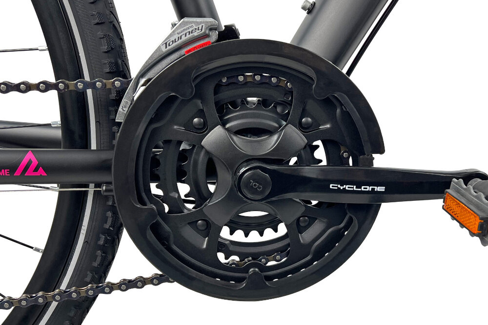 Rower crossowy INDIANA X-Cross 2.0 D19 damski Czarno-różowy zbliżenie na amortyzator widok z boku rower typu hardtail przedni amortyzator marki ZOOM typu CH-141 700C skutecznie tłumi drgania i wstrząsy płynna i stabilna jazda amortyzator poprawia przyczepność kół kontrola nad rowerem wyższy poziom bezpieczeństwa i komfortu jazdy