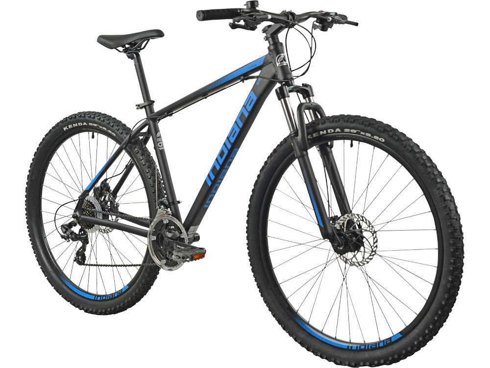 Rower górski MTB INDIANA X-Pulser 1.9 M21 29 cali męski Czarno-niebieski rower na białym tle widoczny od przodu pod skosem góral dla sportowców do jazdy wyczynowej uniwersalny dla amatorów zwrotny łatwo wchodzący w zakręty do jazdy w mieście na drodze utwardzonej i nieutwardzonej w lesie górski szlak błocie piachu