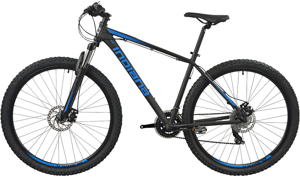 Rower górski MTB INDIANA X-Pulser 1.9 M21 29 cali męski Czarno-niebieski rower na białym tle widoczny z boku komfort jazdy odpowiednia kontrola nad rowerem 21-calowa aluminiowa rama rower jest bardzo zwinny lekki łatwo podnieść go odporność na korozję wybór rozmiaru ramy Twój wzrost mierzony w zrelaksowanej pozycji typ roweru dla osób o wzroście od 180 do 190 cm